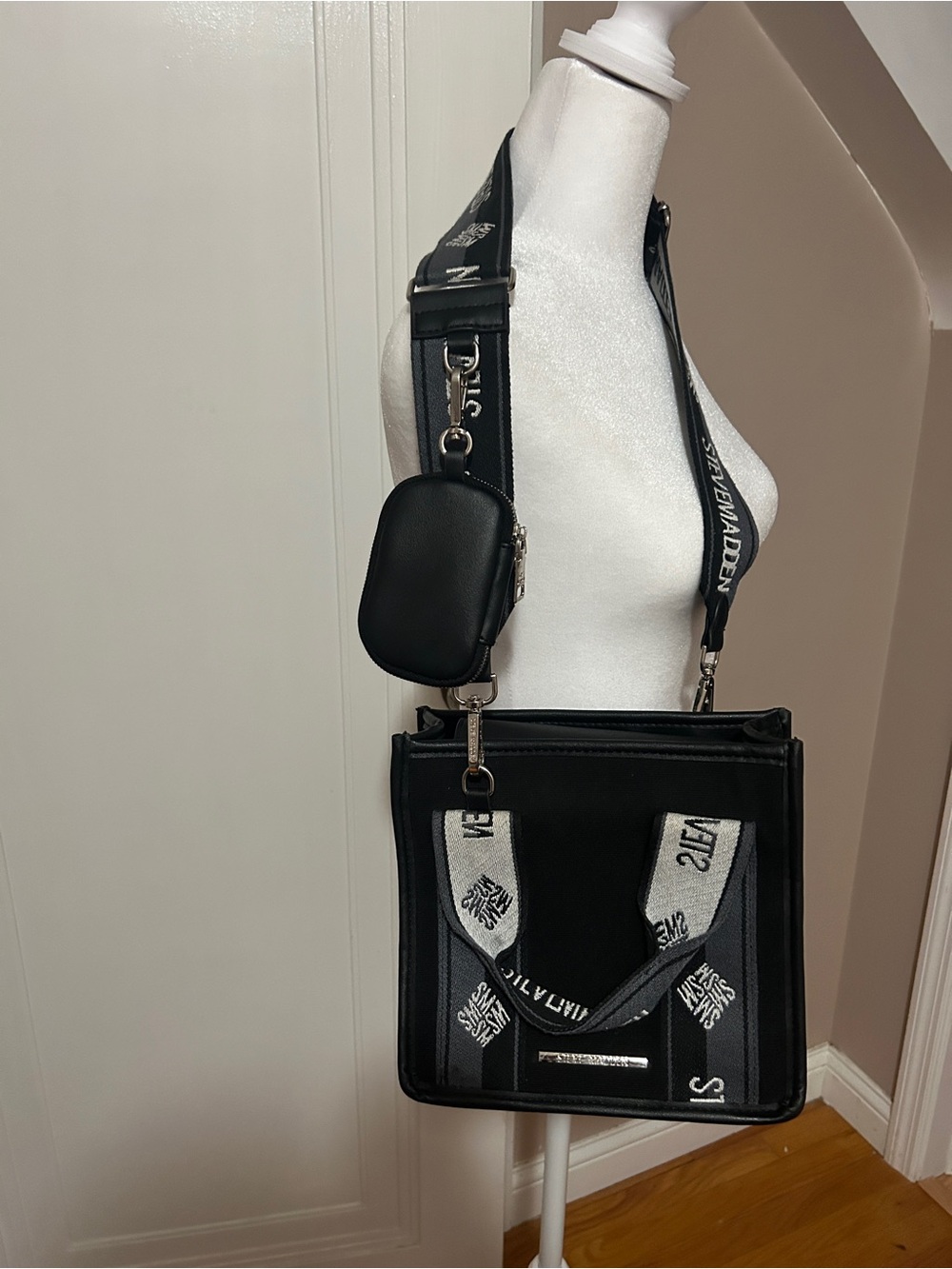 Steve Madden Black Messenger Bag with Logo Strap and Removable Pouch